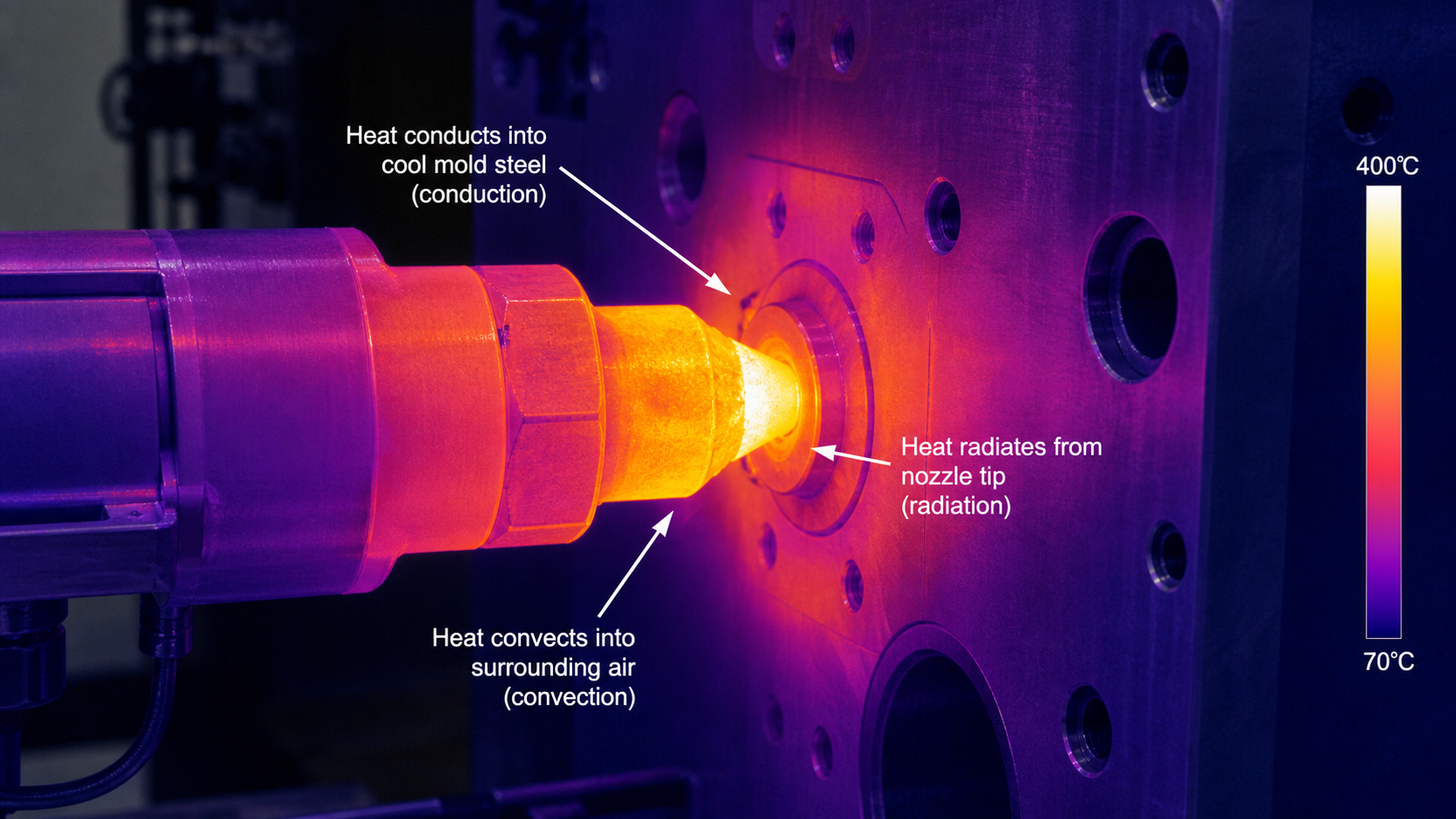 Visualizing the Primary Heat Loss Pathways from the Nozzle A thermal imaging view showing heat radiating from a hot nozzle into the cooler mold steel