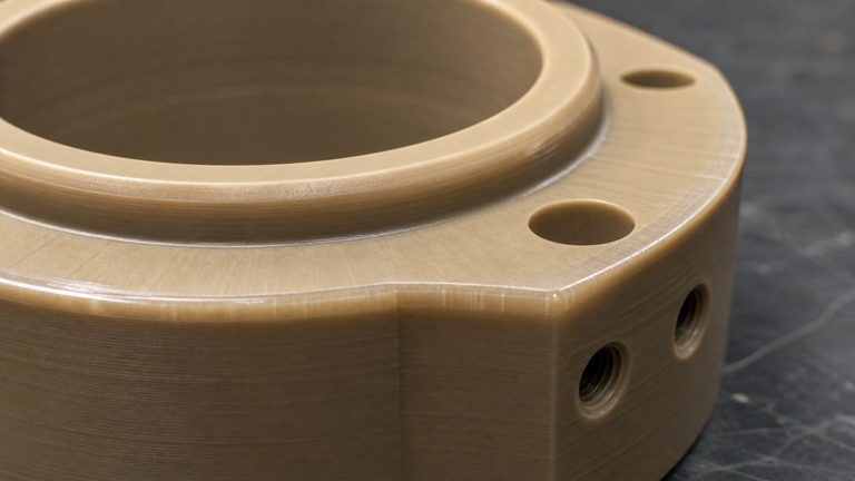 A close-up view of a machined PEEK component showing a distinct translucent surface layer.