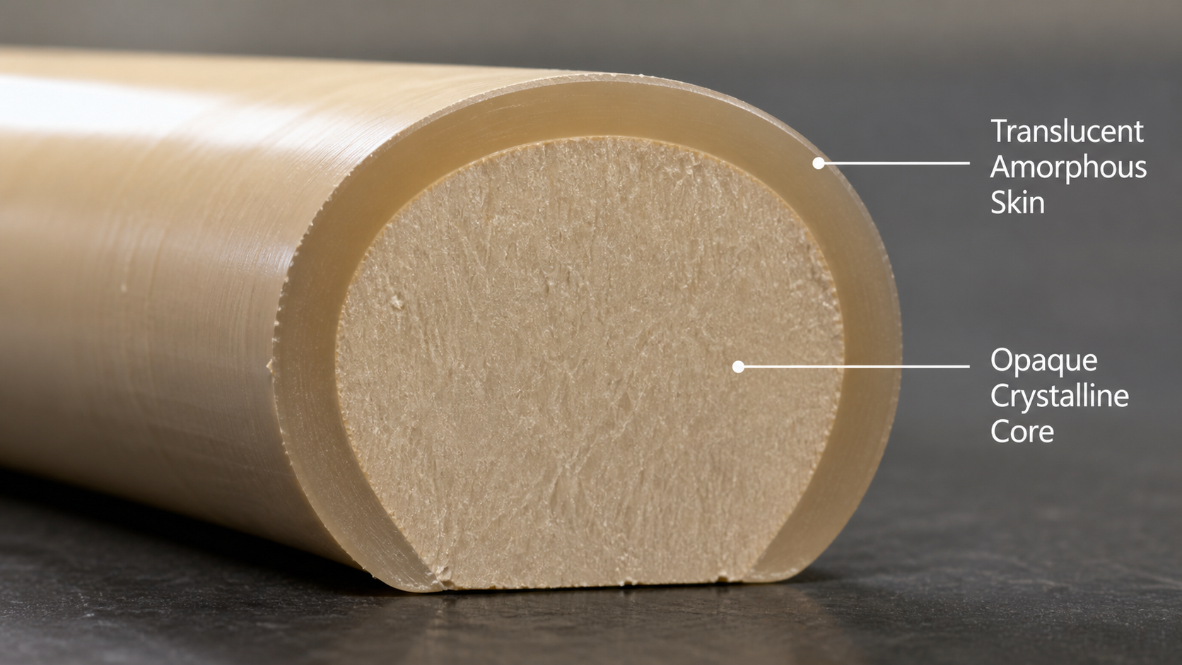 Distinguishing Between Surface Skin and Bulk Core Structure. A cross-section of a PEEK rod showing a translucent amorphous skin and an opaque crystalline core.