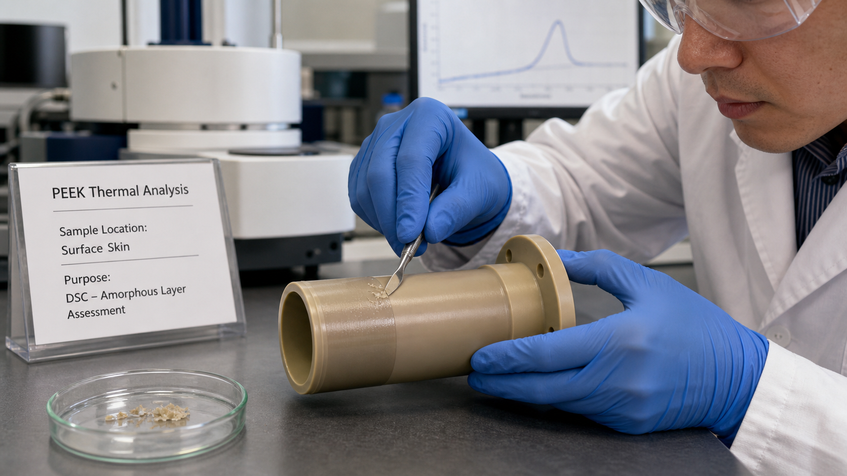 Precise Sample Collection for PEEK Thermal Analysis. A lab technician carefully scraping a thin sample from the translucent surface of a PEEK part for analysis.