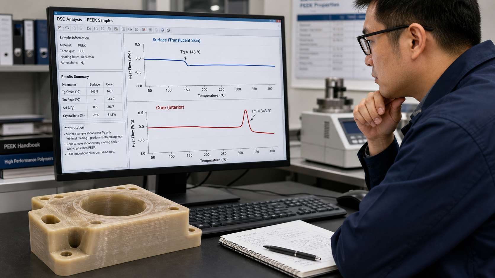 Making an Evidence-Based Decision on Process Changes. An engineer reviewing DSC analysis data on a computer next to a PEEK component with a translucent surface.