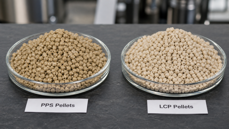 Side-by-side comparison of PPS and LCP polymer resin pellets showing their similar appearance.