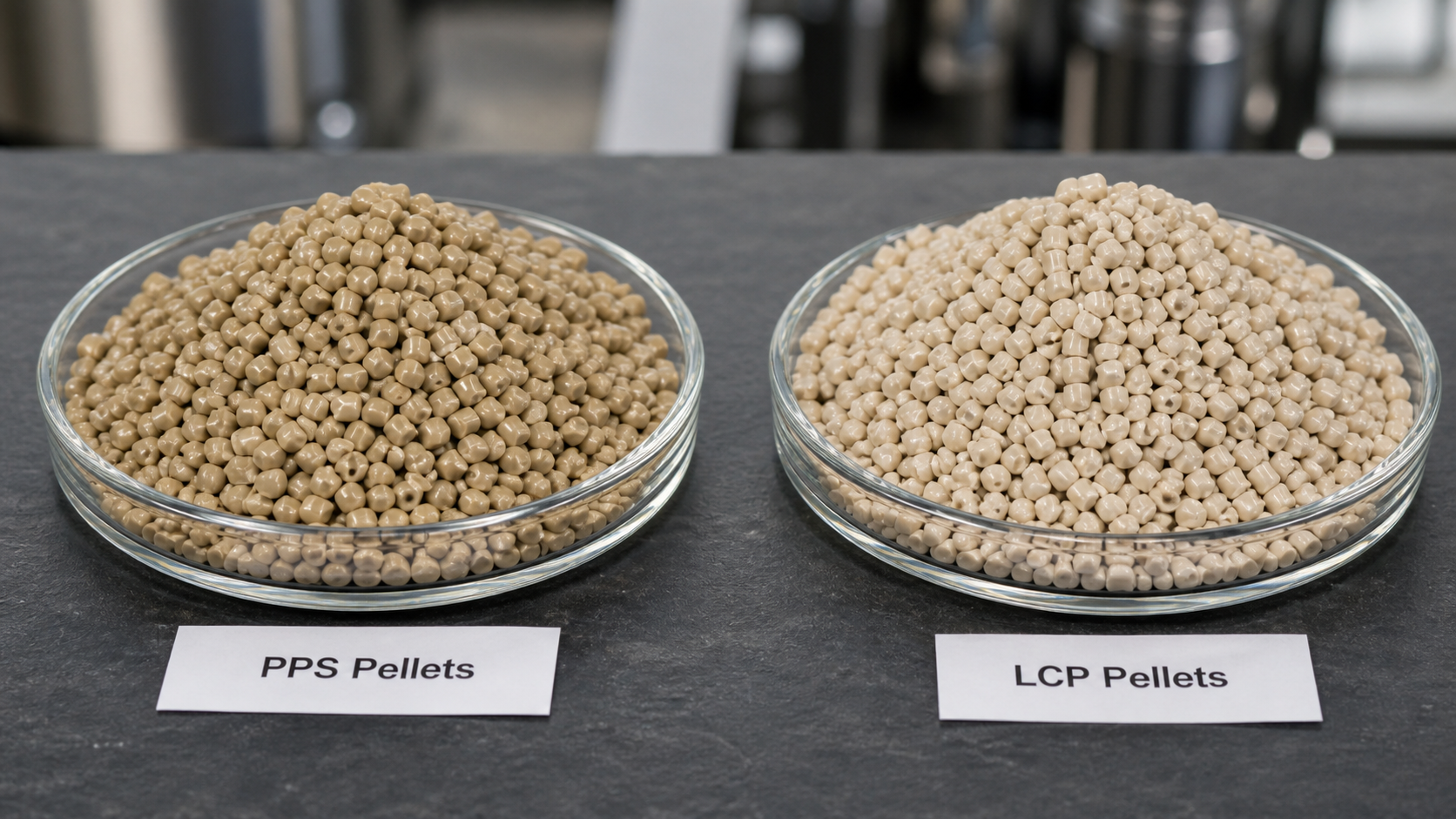 Visually Comparing PPS and LCP Pellets Side-by-side comparison of PPS and LCP polymer resin pellets showing their similar appearance.
