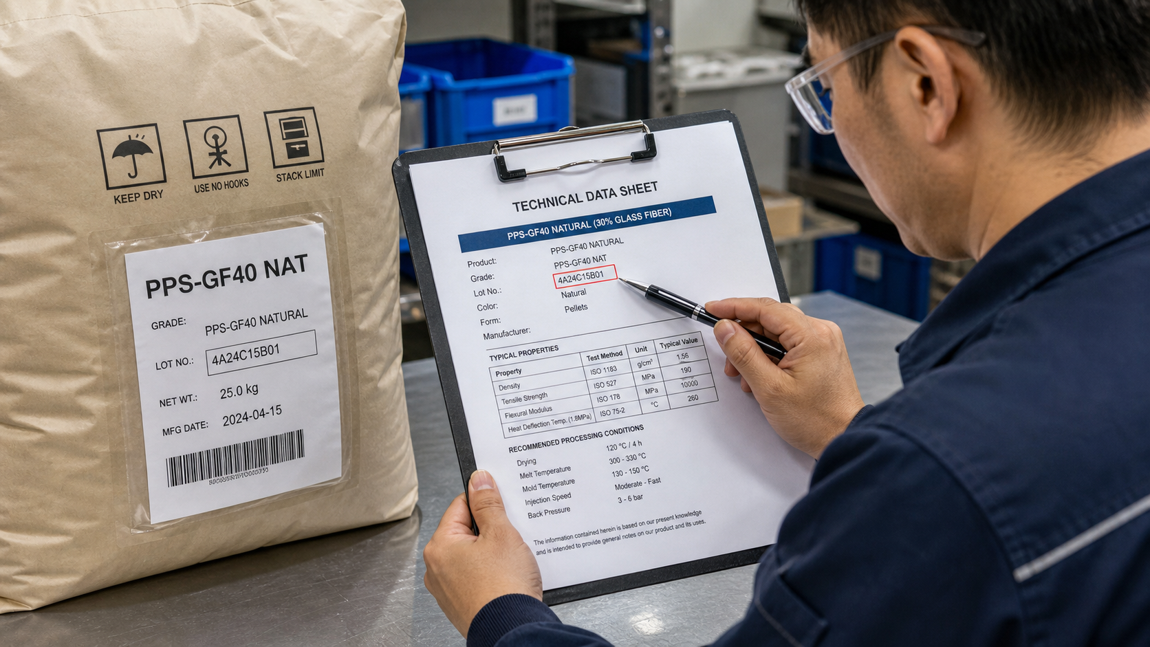 Verifying Resin Identity with Documentation An engineer comparing the product label on a bag of polymer resin to a technical data sheet on a clipboard.