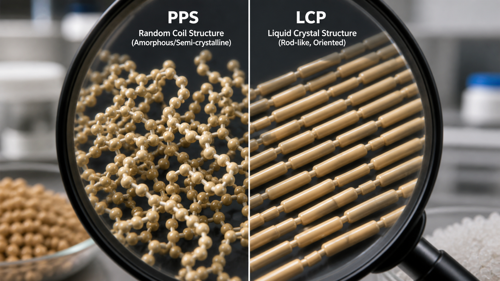 Molecular Structure Differences Between PPS and LCP A magnified view comparing the random polymer chains of PPS to the ordered, rod-like chains of LCP.