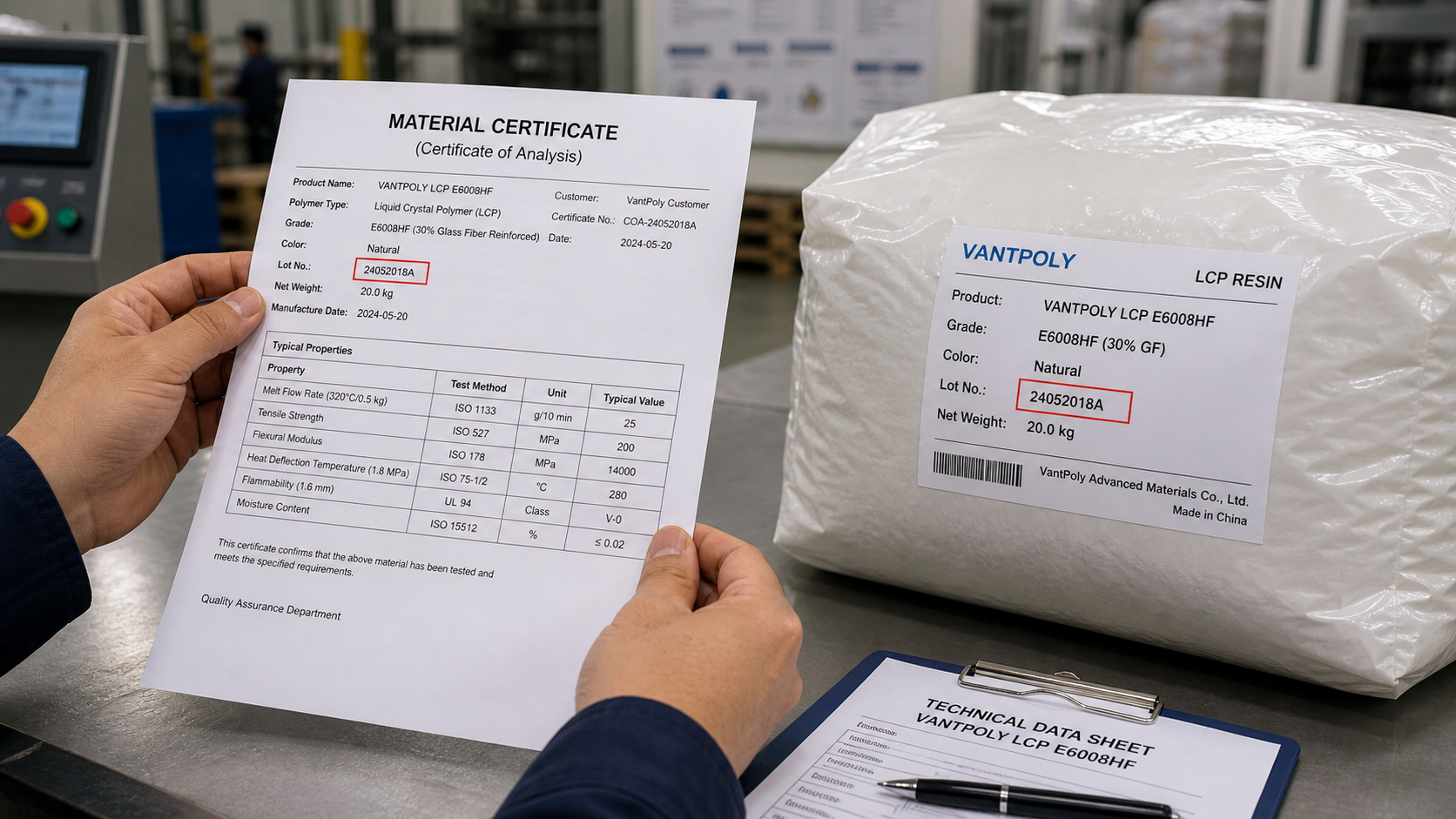 Matching the Material Certificate to the Bag Label A technician's hands holding a material certificate, with the lot number matching the label on a nearby resin bag.