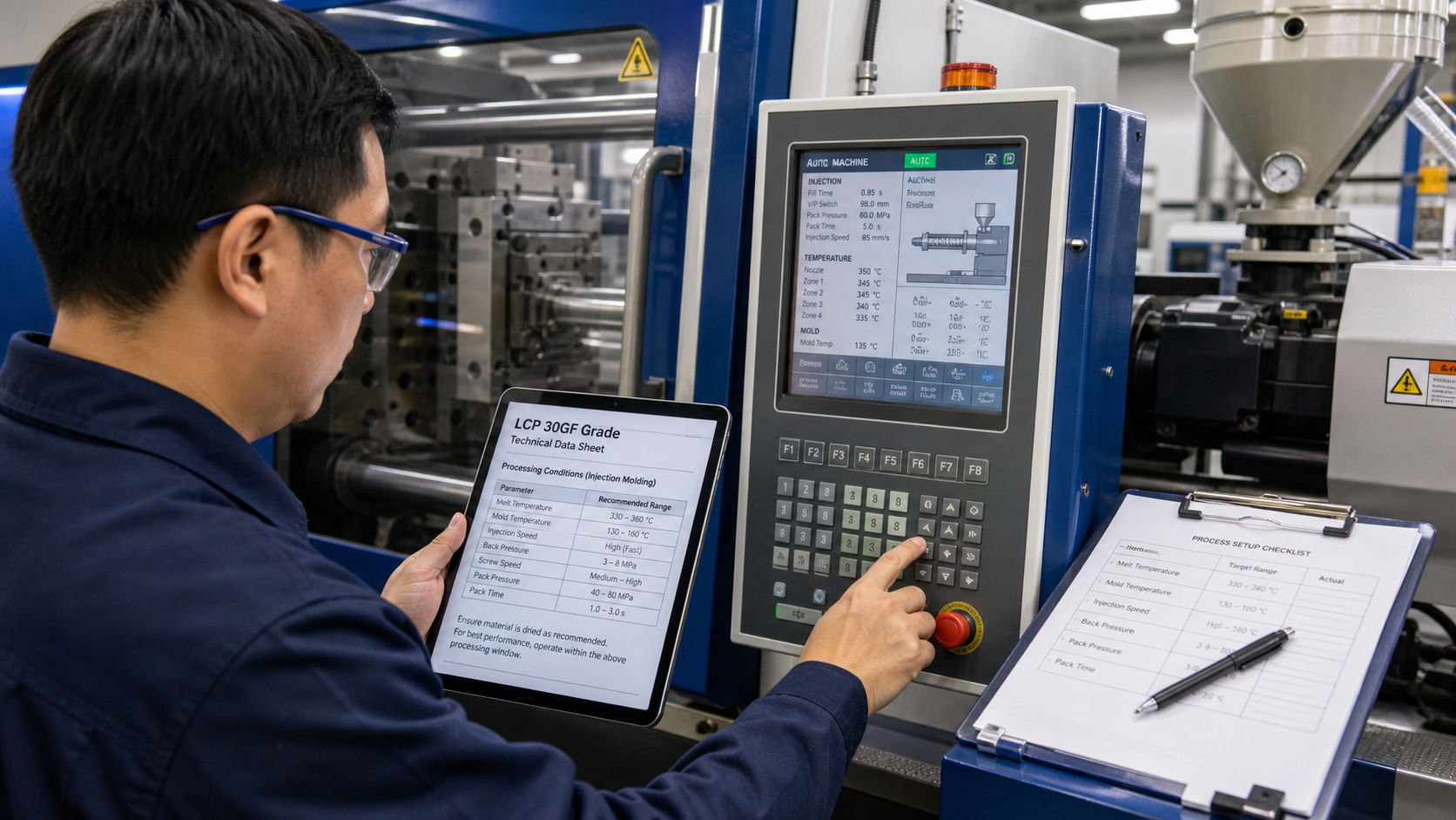 Using a Data Sheet to Set a Processing Baseline A process engineer at an injection molding machine control panel, cross-referencing settings with a technical data sheet on a tablet.