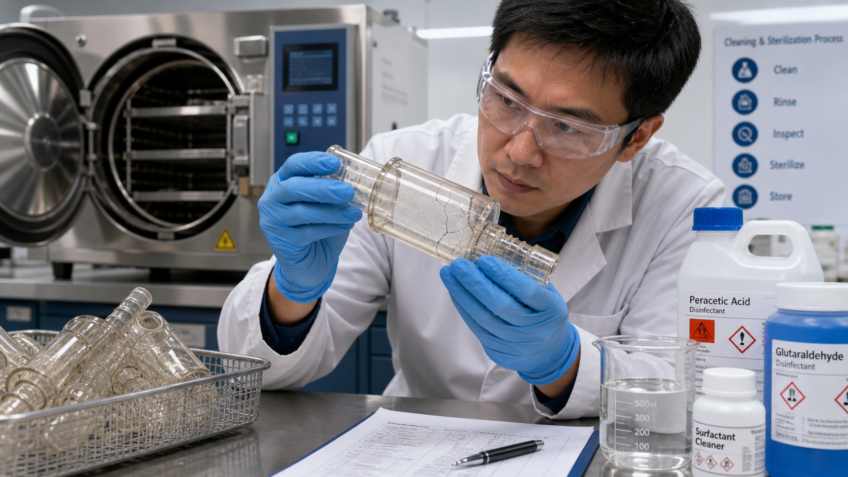 Visualizing Disinfectant-Induced Stress Cracking in PPSU Components A laboratory technician examining a cracked transparent PPSU medical component beside an autoclave and cleaning chemicals