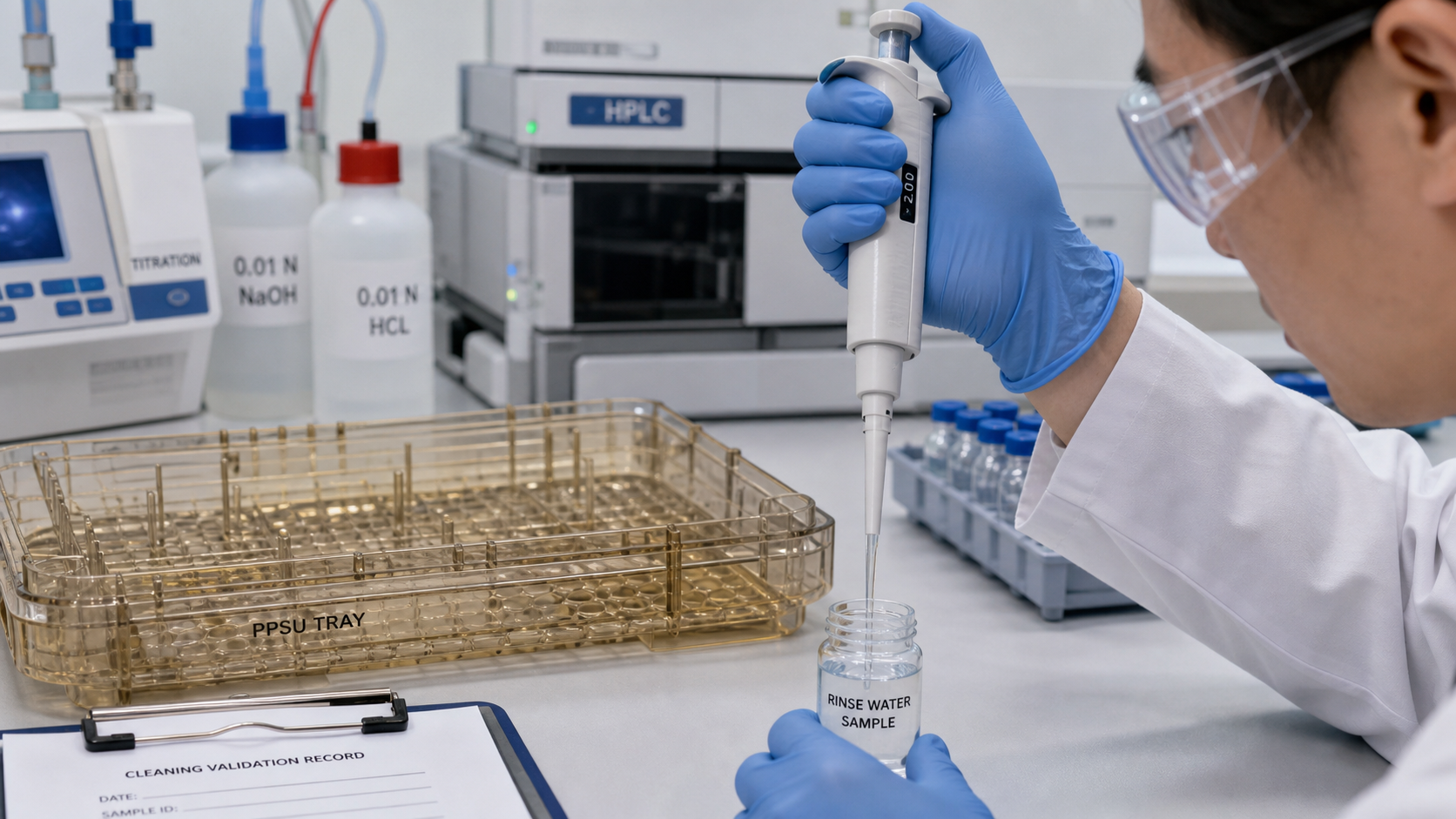 Accurate Measurement of Chemical Residue for Cleaning Validation Close-up of a lab scientist using a pipette to test rinse water from a PPSU tray for chemical residue