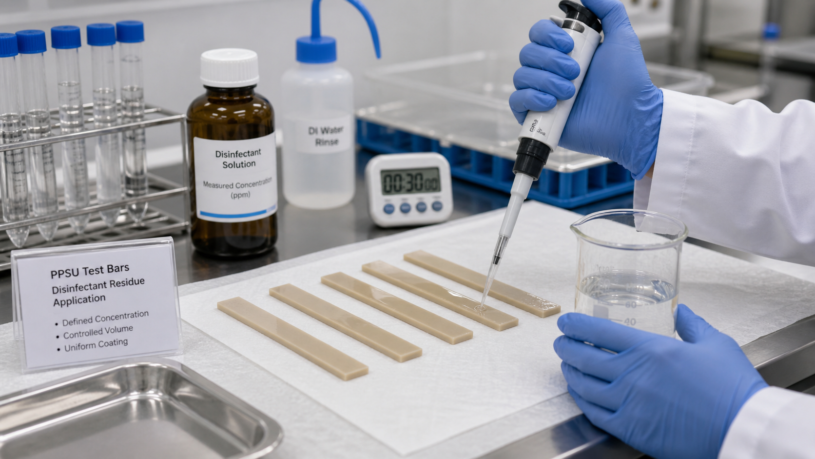 Simulating Real-World Disinfectant Contact for Accurate Results A lab setup showing PPSU test bars being carefully coated with a measured amount of disinfectant solution before testing