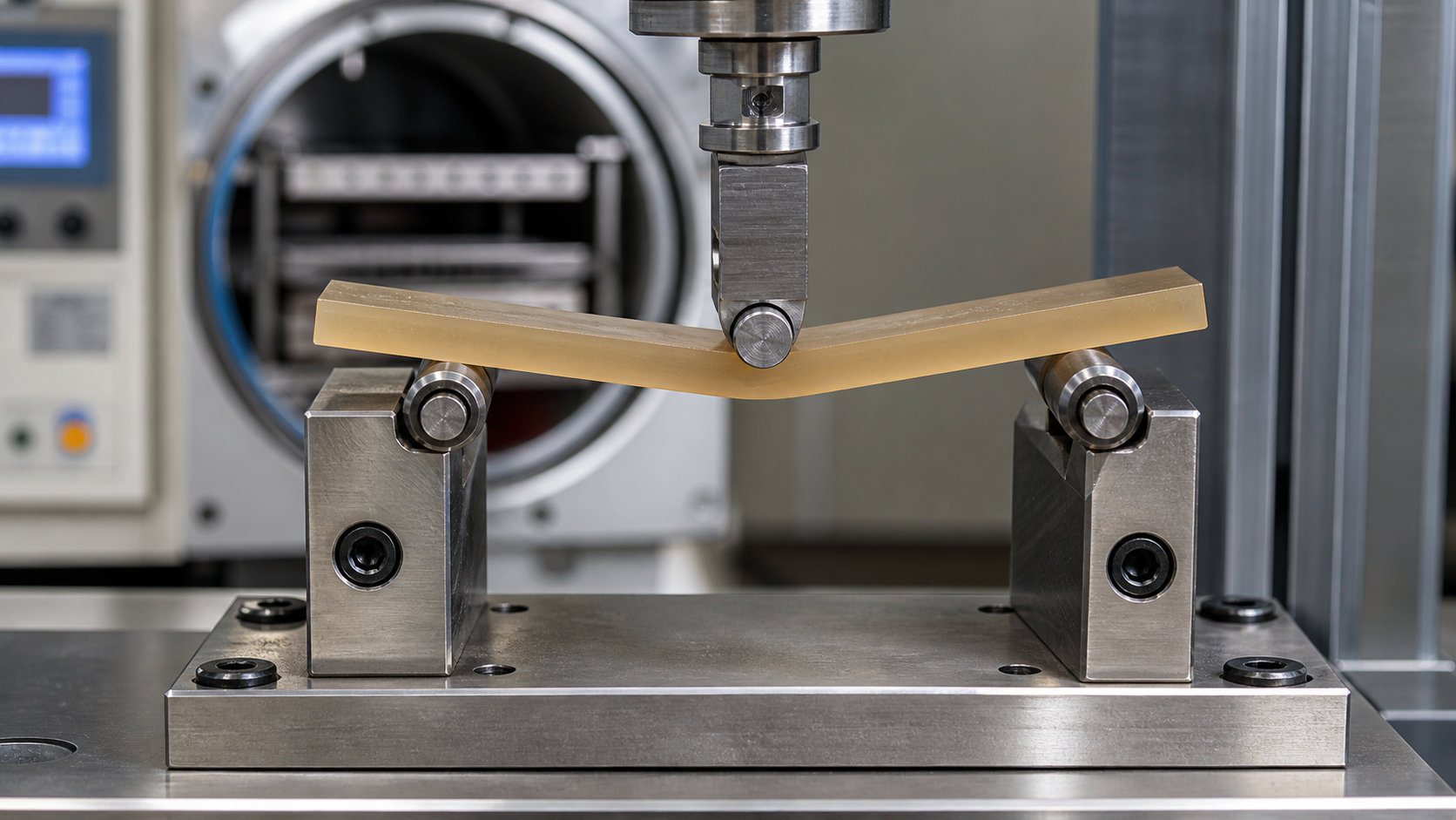 Testing Stressed PPSU Components to Simulate Service Conditions A PPSU test specimen held in a metal fixture that applies a constant bending stress before autoclave exposure