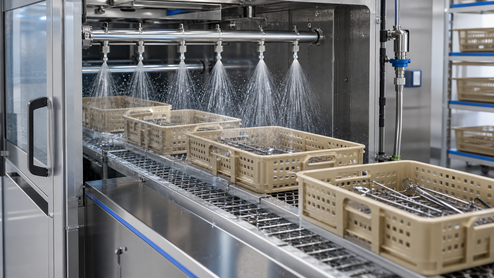 Implementing Controlled Rinsing to Prevent PPSU Component Failure An automated washing and rinsing system with PPSU medical instrument trays moving through a final spray of clean water