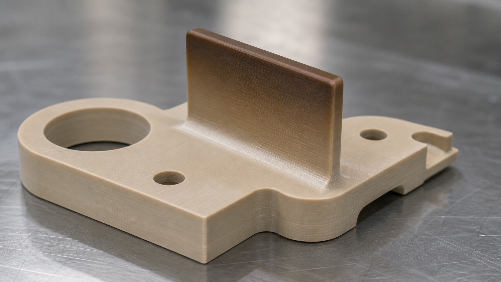 Visualizing color variation between thin and thick PEEK features A precision-machined PEEK component showing a thin fin with a darker surface compared to the thicker base