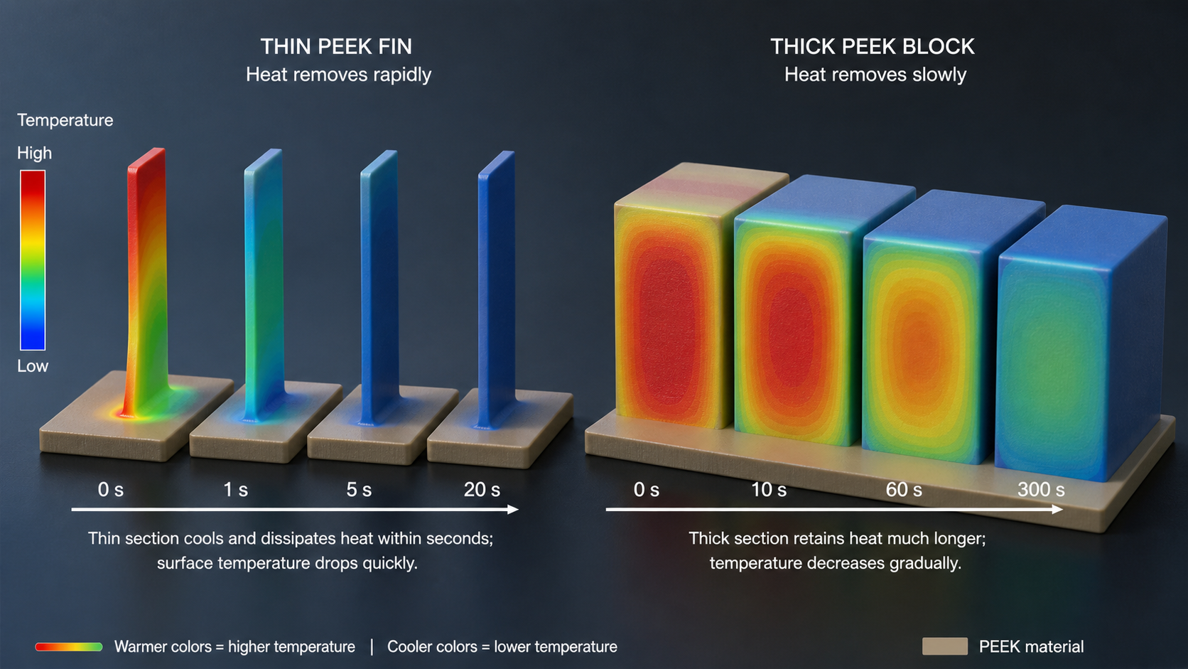 Comparing heat removal rates in different PEEK geometries A thermal simulation graphic showing heat dissipating rapidly from a thin PEEK fin and slowly from a thick block