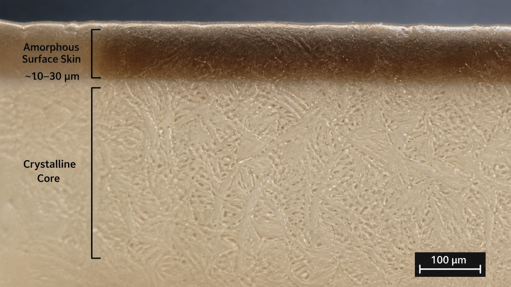 Microscopic view of the amorphous skin on a PEEK feature A magnified cross-section of a PEEK part showing a thin, dark amorphous layer on the surface over a lighter crystalline core