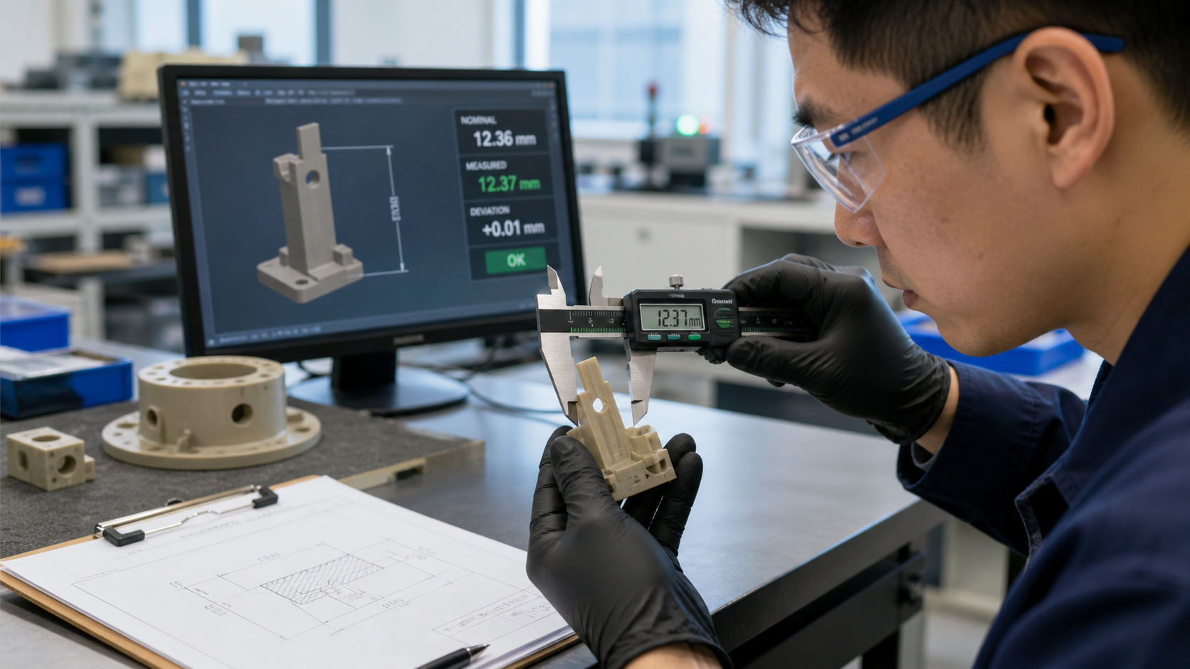Prioritizing functional validation over visual inspection for PEEK parts An engineer using a caliper to measure a PEEK component's critical dimension, focusing on function over surface color