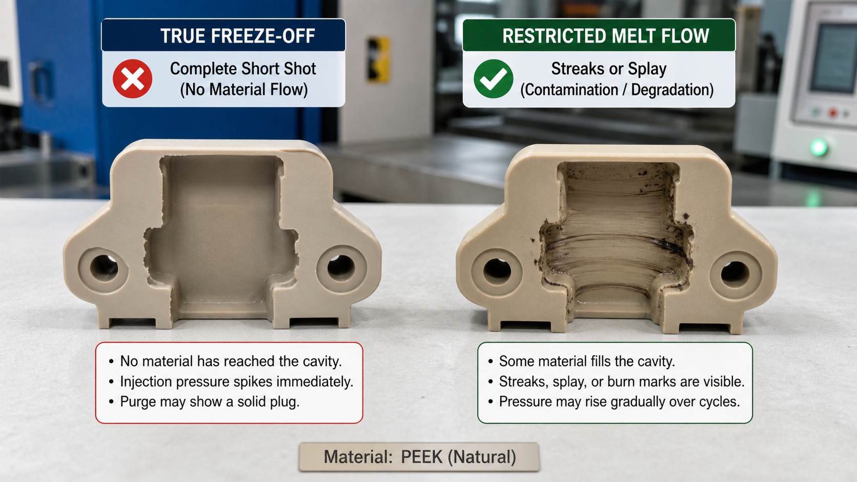 Comparing a True Freeze-Off Against a Contamination Issue A side-by-side comparison of a PEEK part with a complete short shot versus one with streaks from contamination