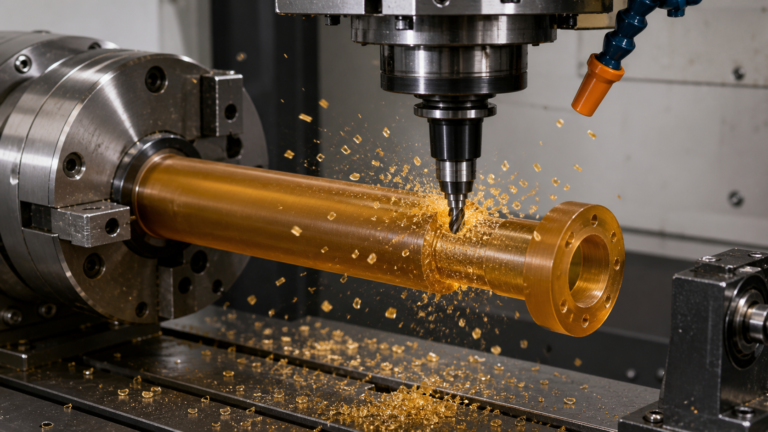 A CNC machine cutting a component from a translucent amber PEI rod with fine chips flying off