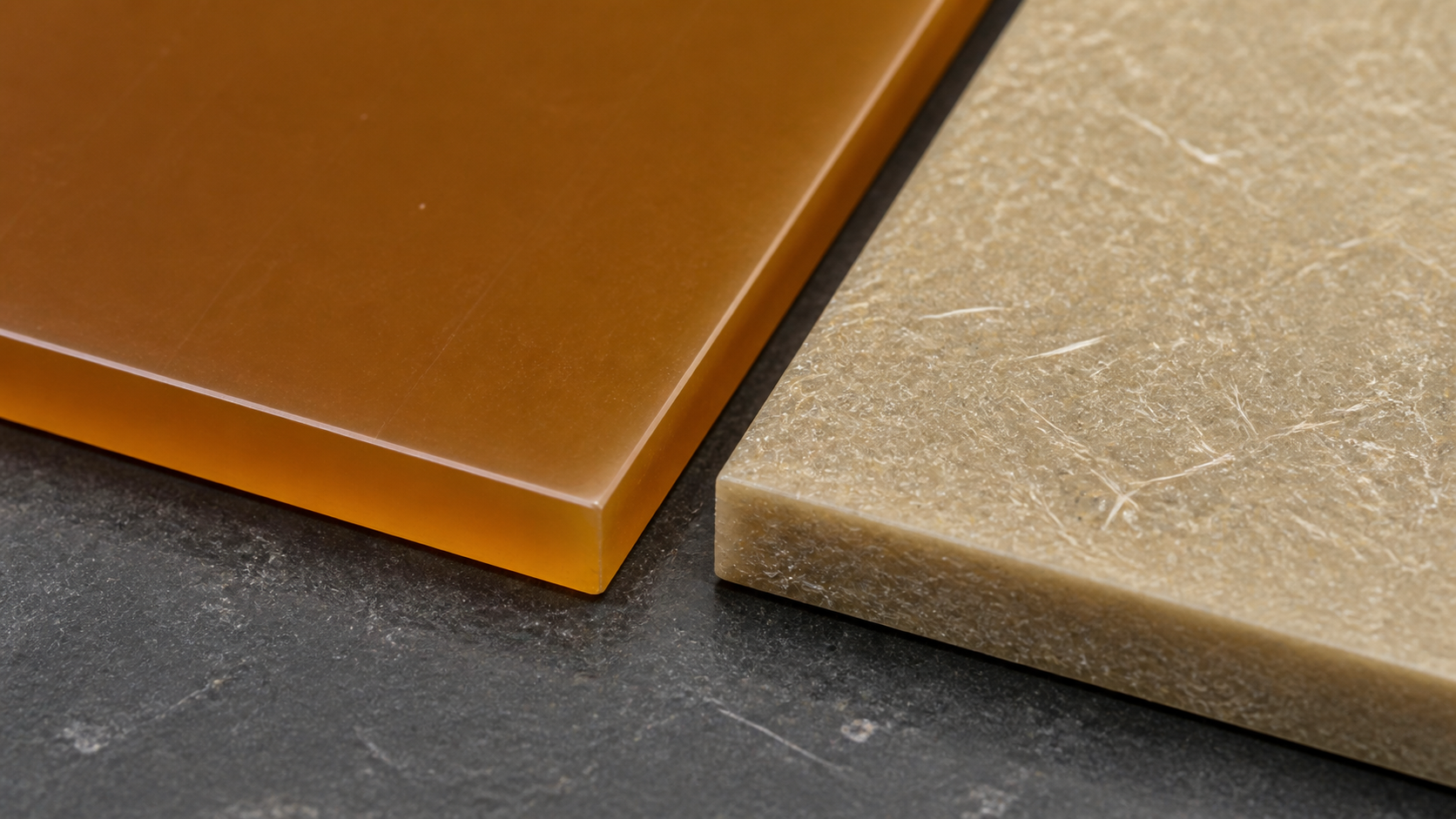 A close-up view comparing a smooth unfilled amber PEI plastic sheet with a glass-filled version showing a fibrous texture