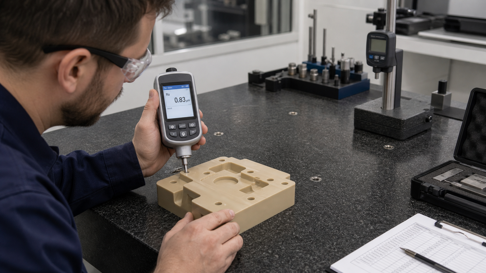 An inspector using a surface roughness tester to measure a finished PEI part on a granite inspection table