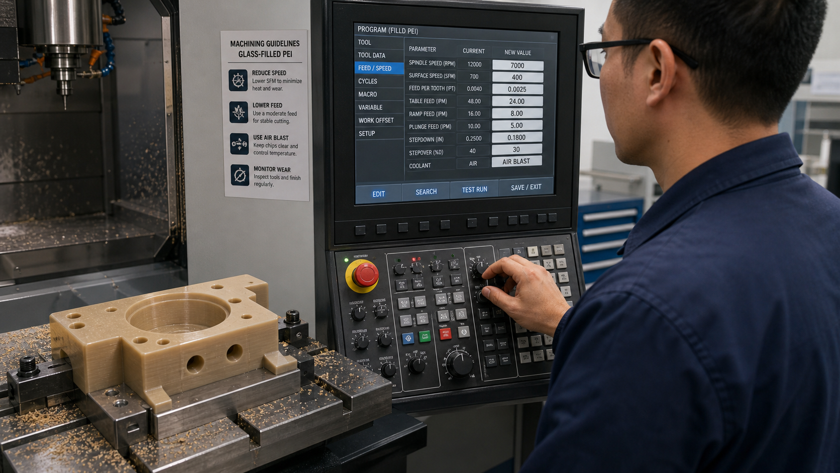 A CNC programmer adjusting cutting parameters on the machine's control panel with a glass-filled PEI part visible