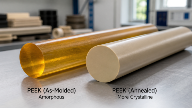 A side-by-side comparison of a translucent amber PEEK rod and an opaque tan annealed PEEK rod