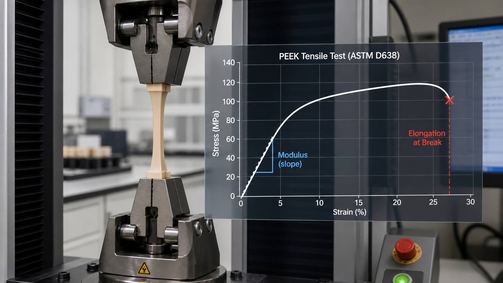 Tensile Test Measuring PEEK Stiffness and Elongation A tensile testing machine pulling a PEEK dumbbell specimen with a stress-strain graph overlay