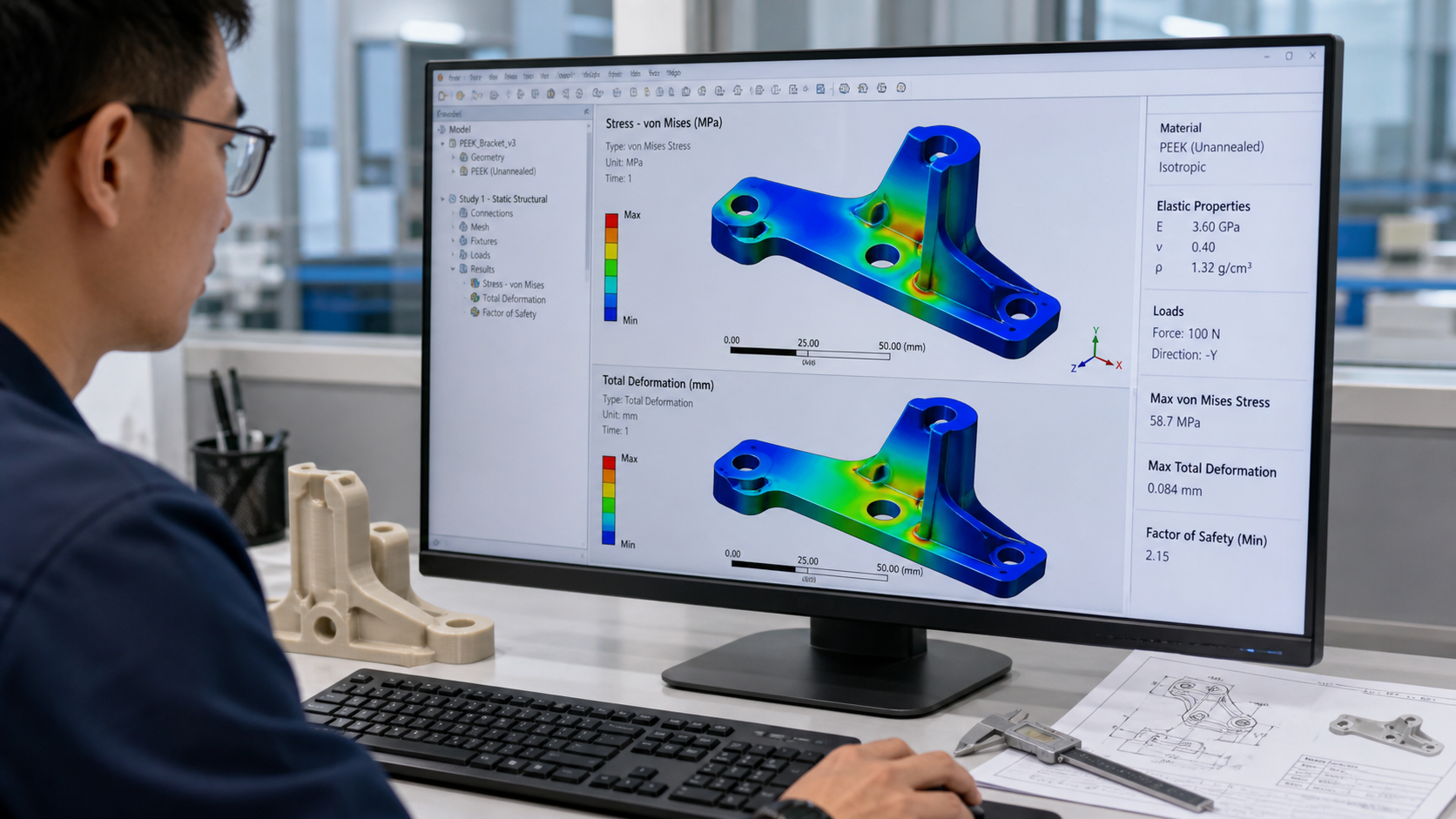 Engineering Analysis for Part Rigidity Requirements An engineer reviewing a CAD model of a PEEK component with stress and deflection simulations