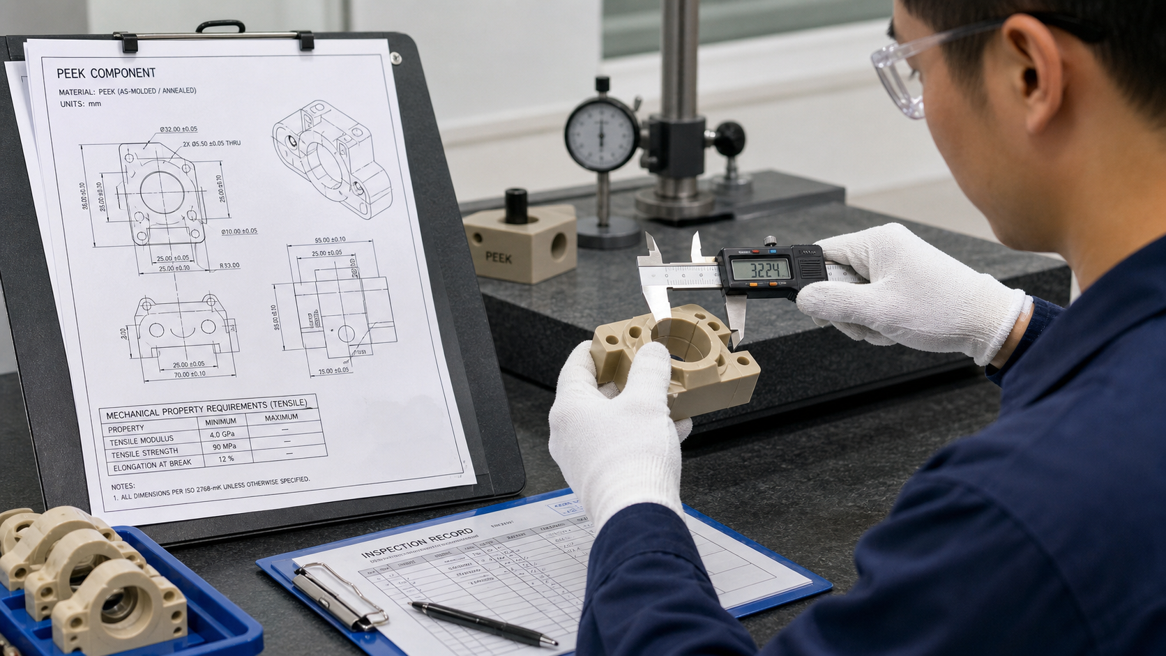 Setting Quality Acceptance Limits for PEEK Components A quality control inspector measures a PEEK component against a technical drawing with specifications
