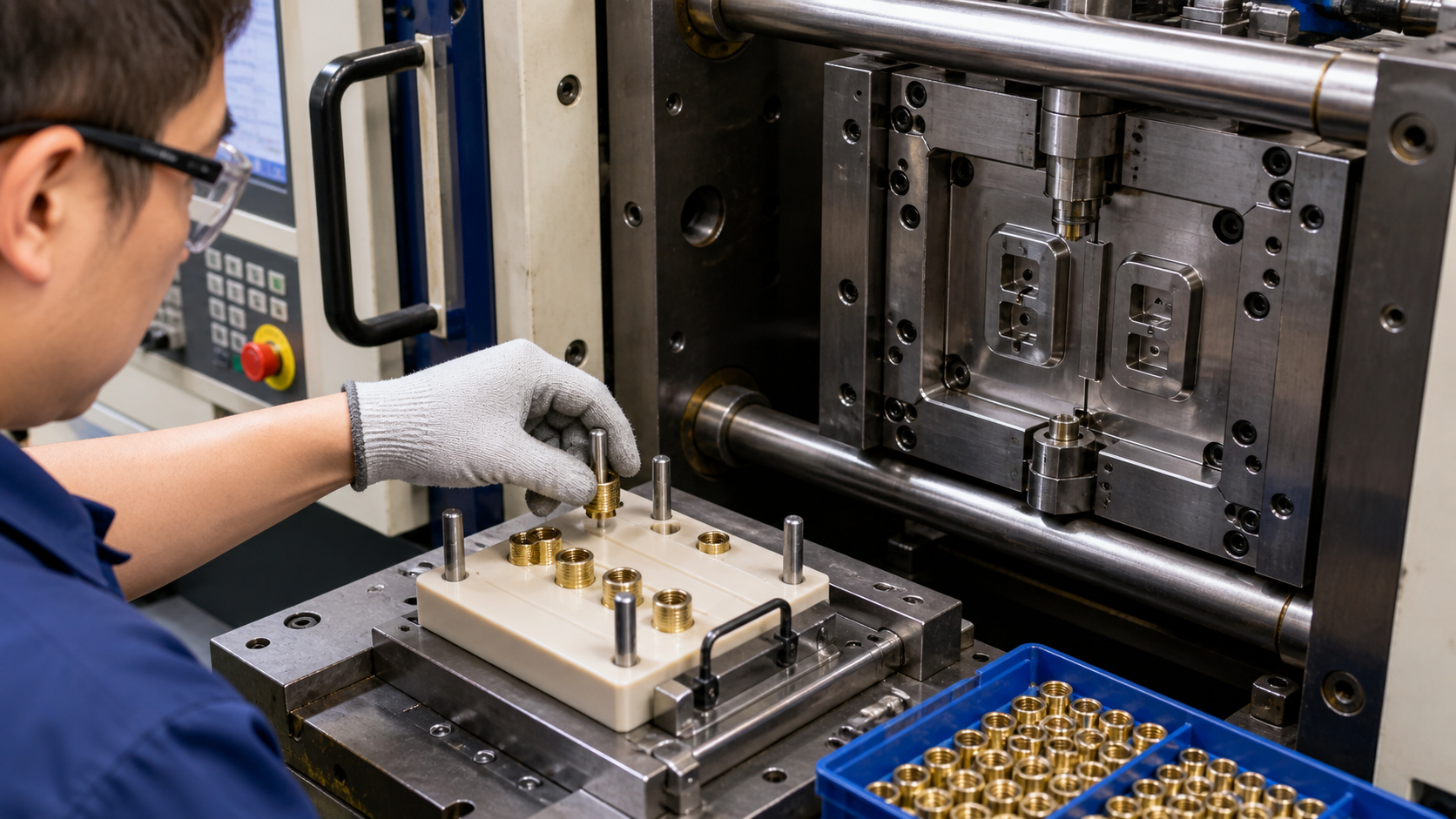 Standardizing the Insert Loading Sequence with a Fixture An operator using a custom fixture to quickly and accurately place a metal insert into an open injection mold