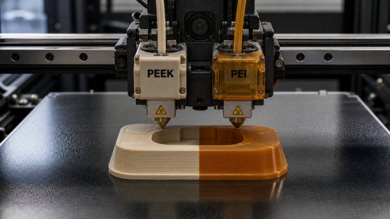 A dual-extruder 3D printer nozzle precisely depositing layers of PEEK and PEI filaments onto a build plate.
