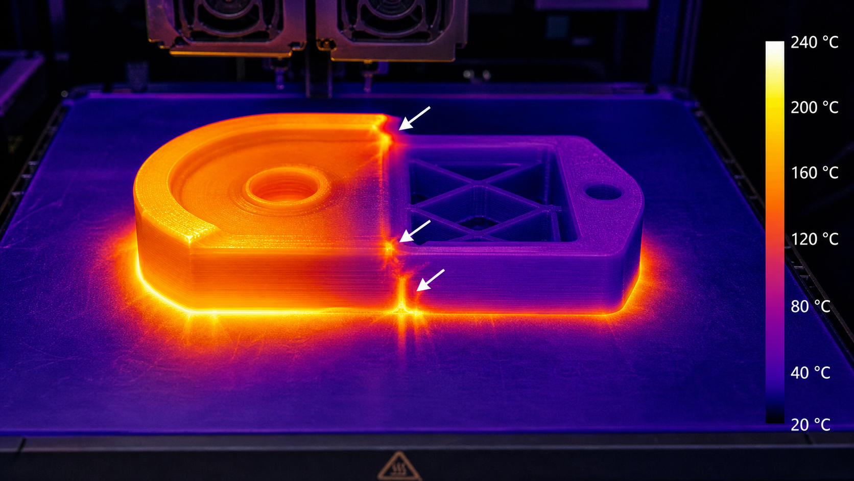 Visualizing Thermal Mismatch and Stress in a Printed Part An infrared thermal camera image of a multi-material part on a 3D printer bed, showing stress hotspots.