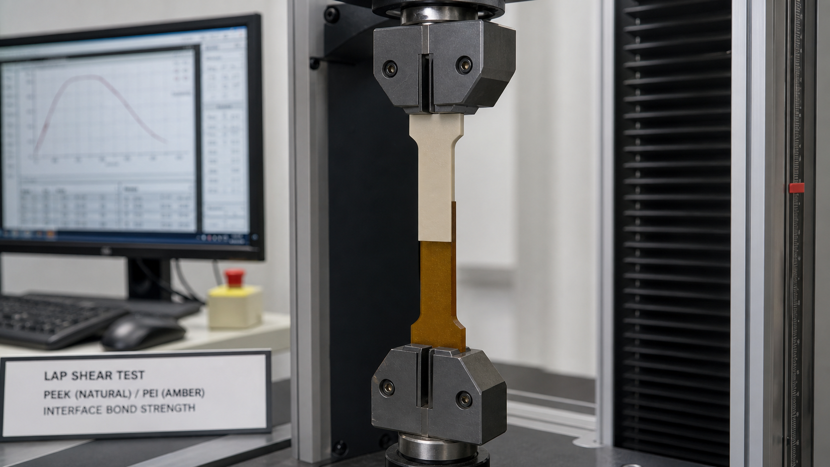 Measuring the Interface Bond Strength of Multi-Material Polymers A universal testing machine pulling apart a 3D printed lap shear specimen made of two different plastics.