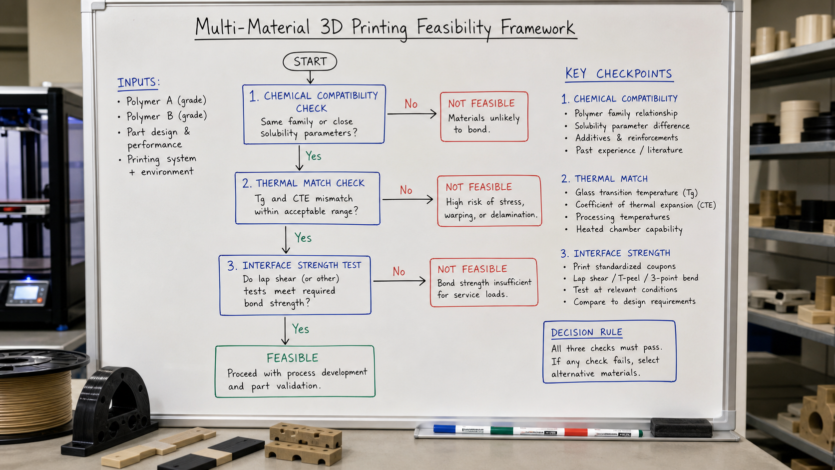 A Decision-Making Framework for Multi-Material Printing Feasibility A decision-making flowchart on an engineering whiteboard for multi-material 3D printing feasibility, showing key checkpoints.