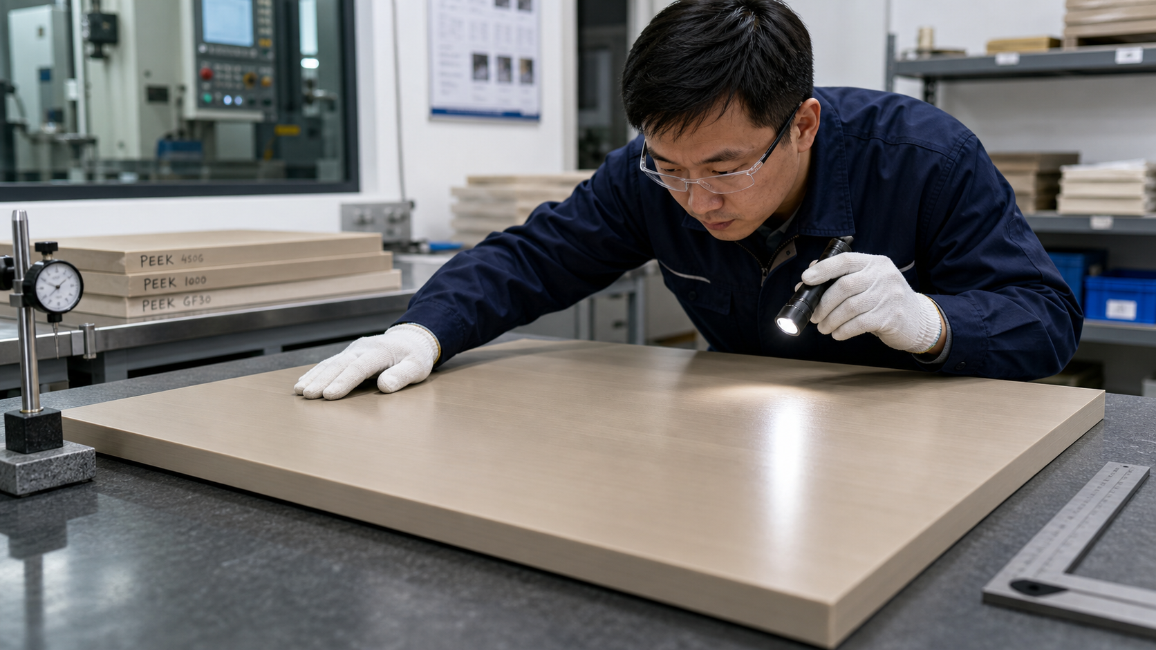 A technician in a clean workshop carefully inspecting a large PEEK polymer plate for surface defects and flatness