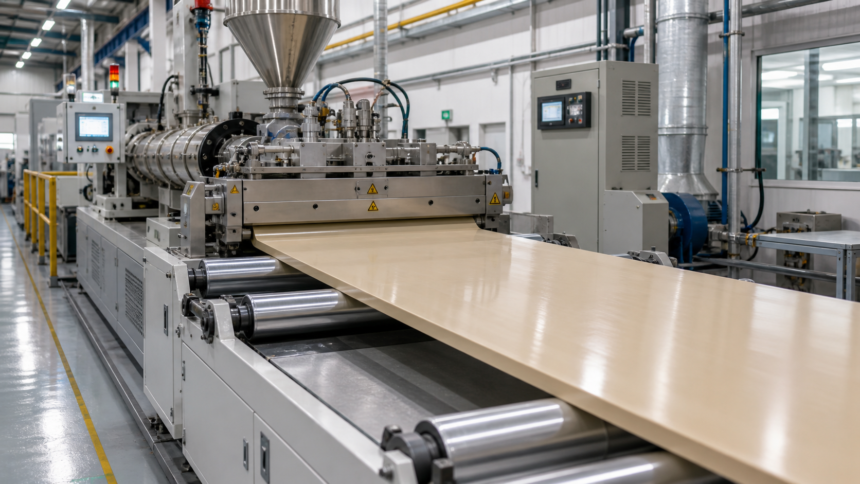 An industrial polymer extrusion line producing a continuous PEEK sheet in a controlled manufacturing facility