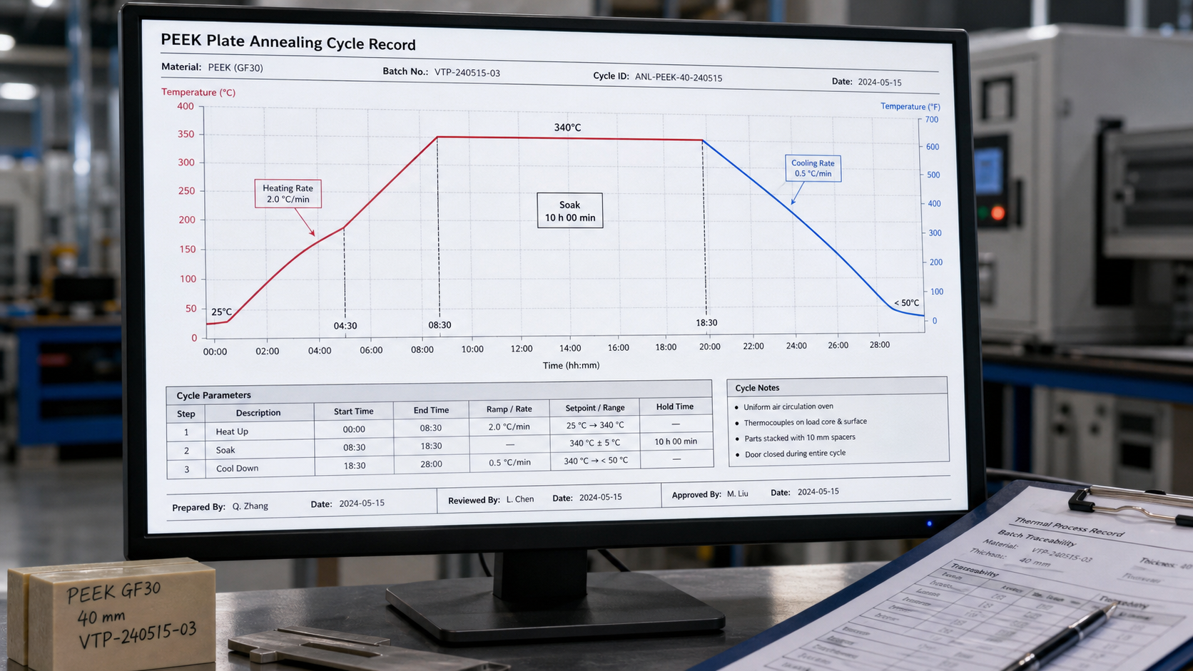 A detailed graph on a computer monitor showing the temperature and time cycle of a polymer annealing process