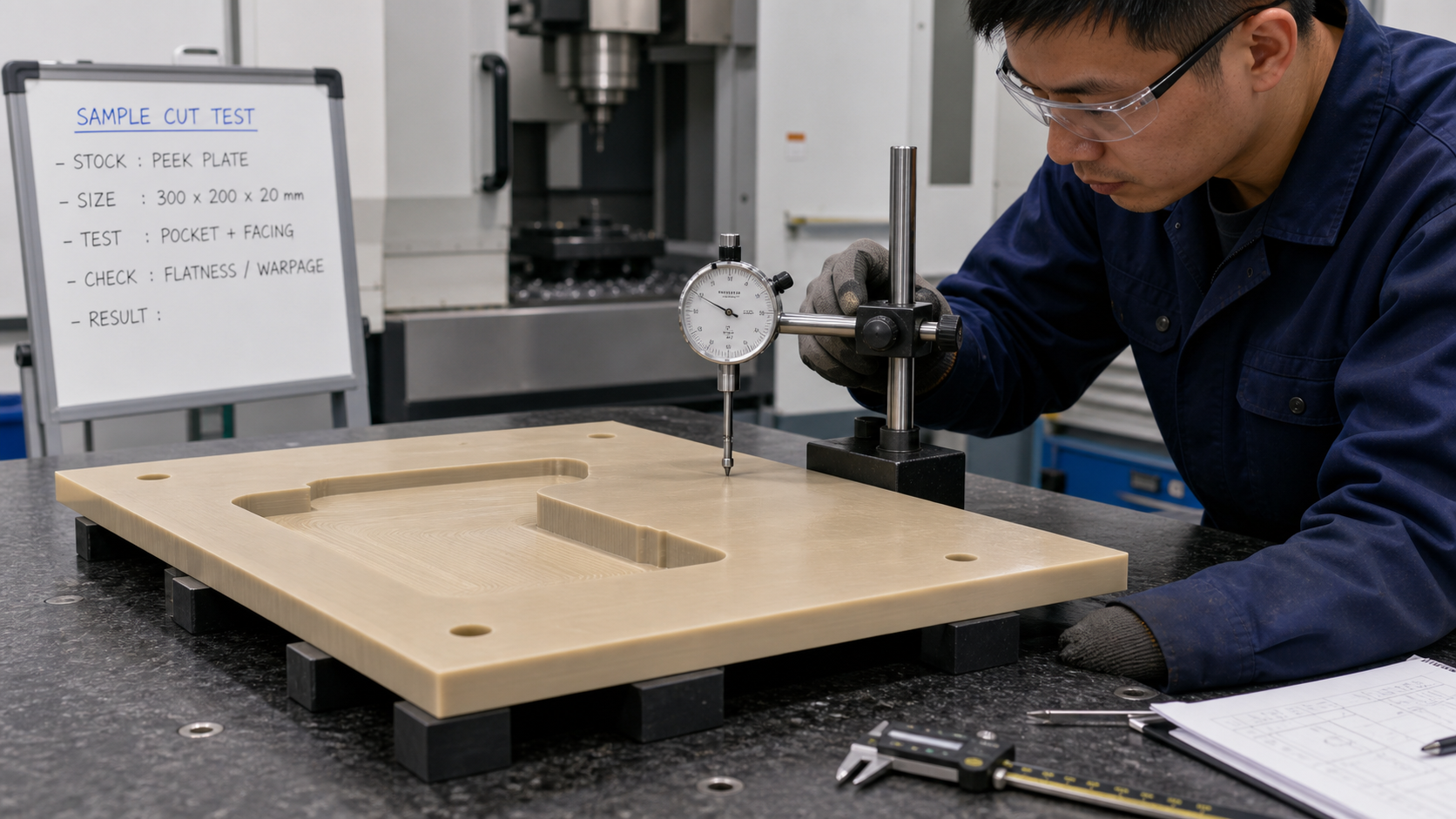 A machinist using a precision dial indicator to measure the flatness of a PEEK plate after a test cut