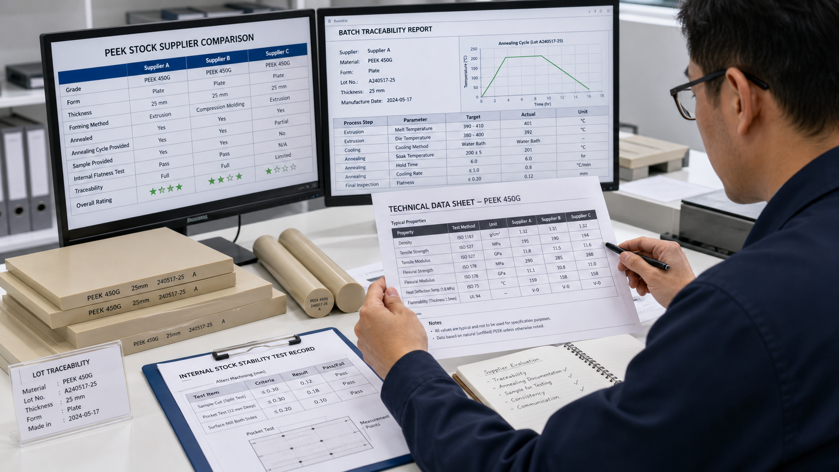 A quality control engineer comparing technical data sheets and batch traceability reports for different PEEK material suppliers