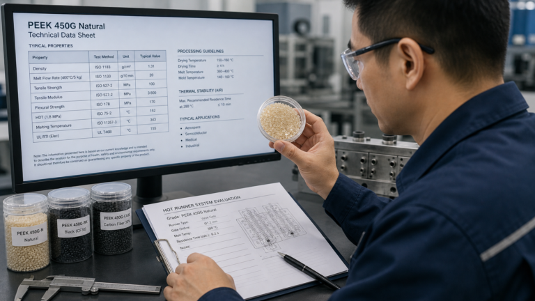 An engineer comparing transparent PEEK polymer granules against a technical data sheet on a screen.