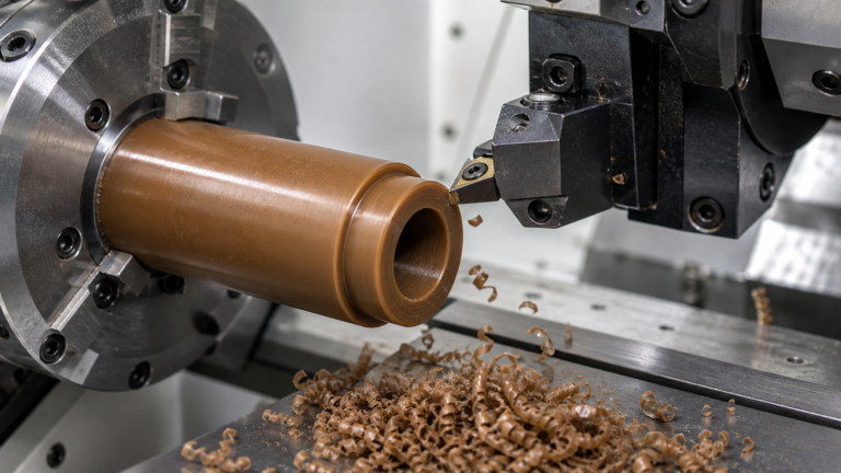 Close-up of a precision CNC machine cutting a brown PAI polymer rod into a bushing