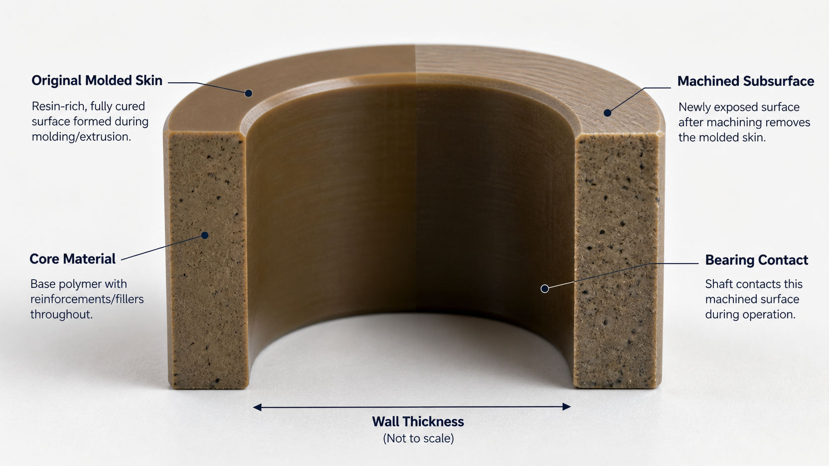 Visualizing the Molded Skin and Machined Core Cross-section diagram showing the original molded skin versus the exposed machined subsurface of a PAI bushing