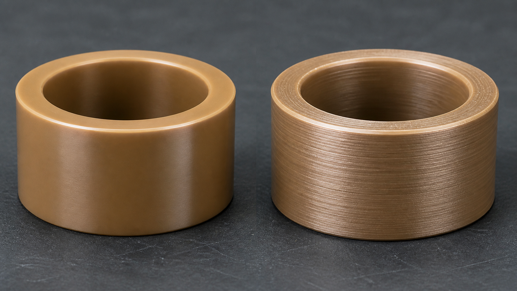 Contrasting Molded and Machined Surface Textures Side-by-side comparison showing a smooth molded PAI surface next to a machined PAI surface with visible concentric tool marks