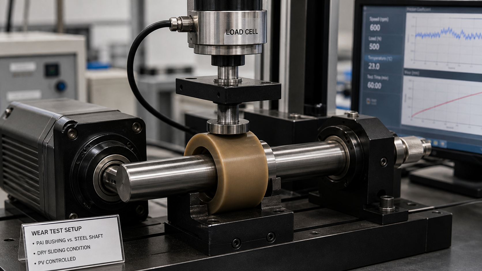 Wear Testing PAI Bushings Under Matched Conditions A tribology test rig with a polymer bushing sample rotating against a metal shaft under controlled load
