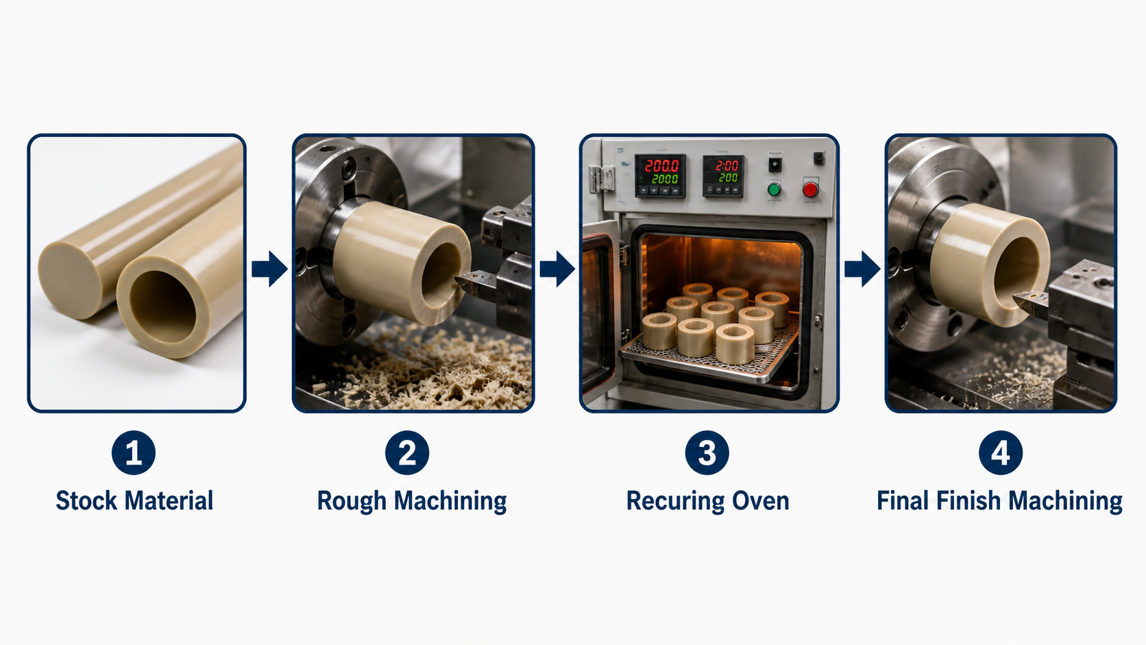 Optimal Placement of Recuring in the Manufacturing Flow A simple flowchart showing manufacturing steps: Stock Material, Rough Machining, Recuring Oven, and Final Finish Machining