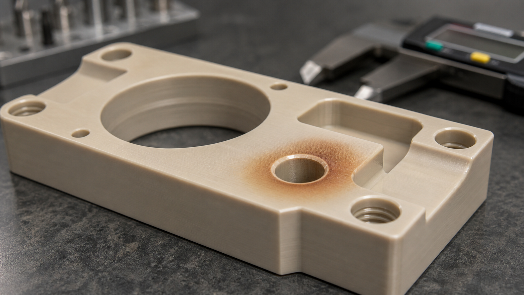 Interpreting Brown Discoloration on Machined PEEK Components A precision-machined PEEK part with a visible light brown discoloration near a drilled hole