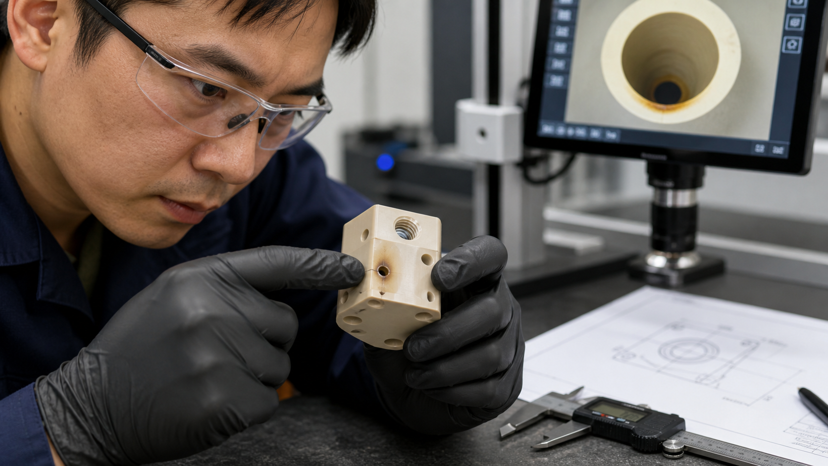 Pinpointing Heat Buildup from Cutting Path Discoloration An engineer examining a PEEK component, pointing to discoloration at the bottom of a small drilled hole