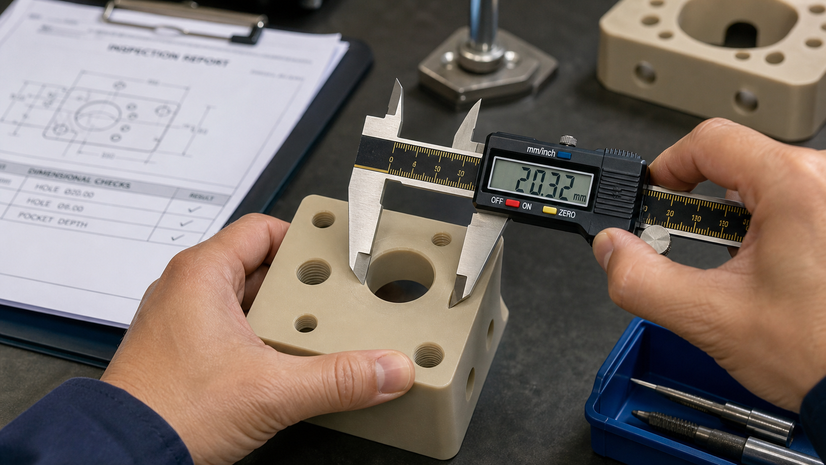 Verifying PEEK Integrity Beyond Surface Color A technician using a digital caliper to measure the diameter of a recently drilled hole in a PEEK part