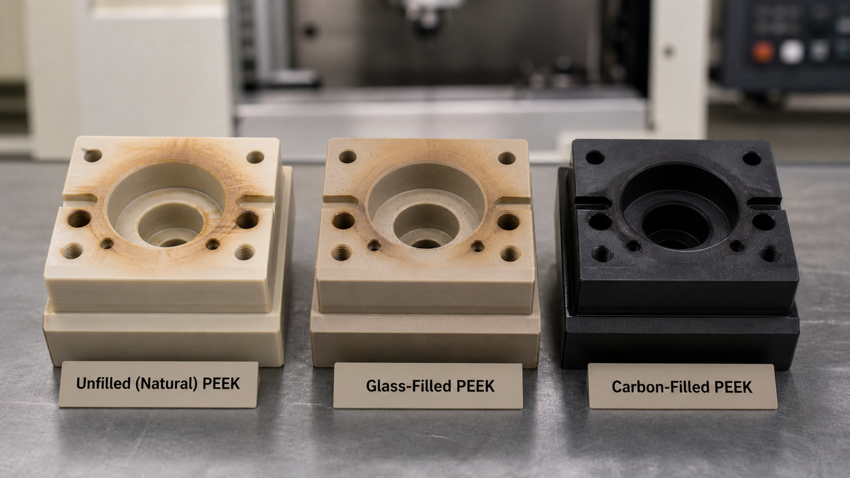 How Different PEEK Grades React to Machining Heat Side-by-side comparison of three machined PEEK samples one unfilled, one glass-filled, and one carbon-filled