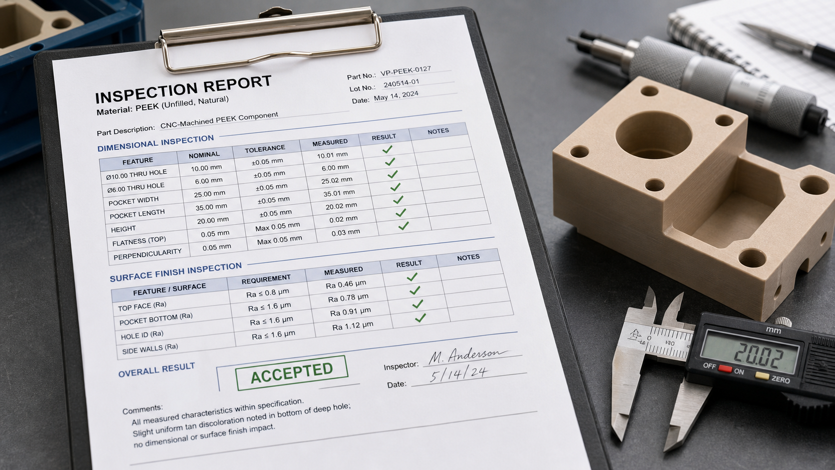 An Evidence-Based Approach to PEEK Part Inspection An inspection report with check marks next to dimensional and surface finish measurements for a PEEK component